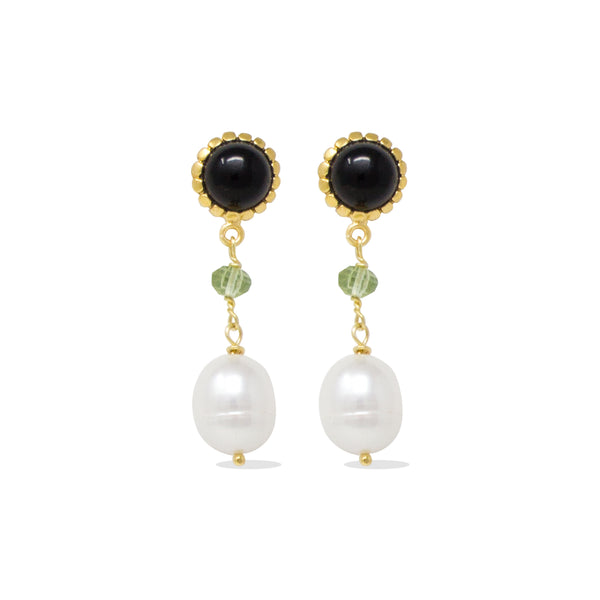 Onyx, Green Amethyst & Pearl Earrings